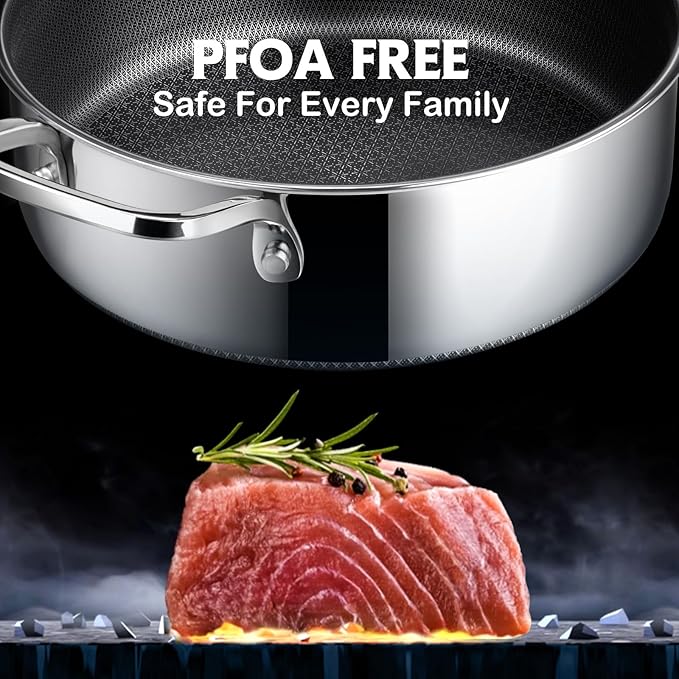 Frying Pans Nonstick Set with Lid,Hybrid Non Stick 5 Quart Saute pan,10 inch Skillet,8 inch Skillet PFOA Free Cookware,Stainless Steel skillet,Deep Saute Pan,Dishwasher Safe,Works on All Cooktops