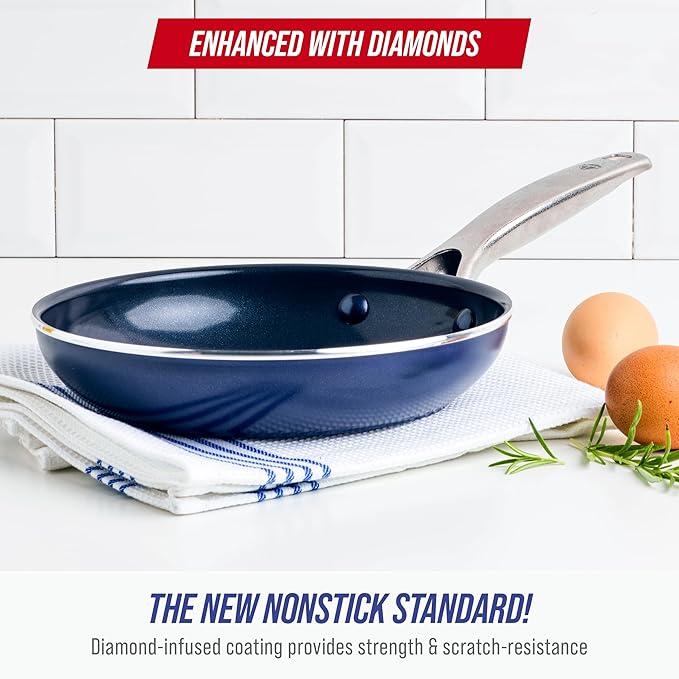 Blue Diamond 8" Nonstick Frying Pan Skillet, Diamond Infused PFAS & PTFE-Free Ceramic Pot, Dishwasher & Oven Safe, Stay Cool Handle, Durable Non Toxic Metal Utensil Safe, Egg & Omelet Pan, Blue
