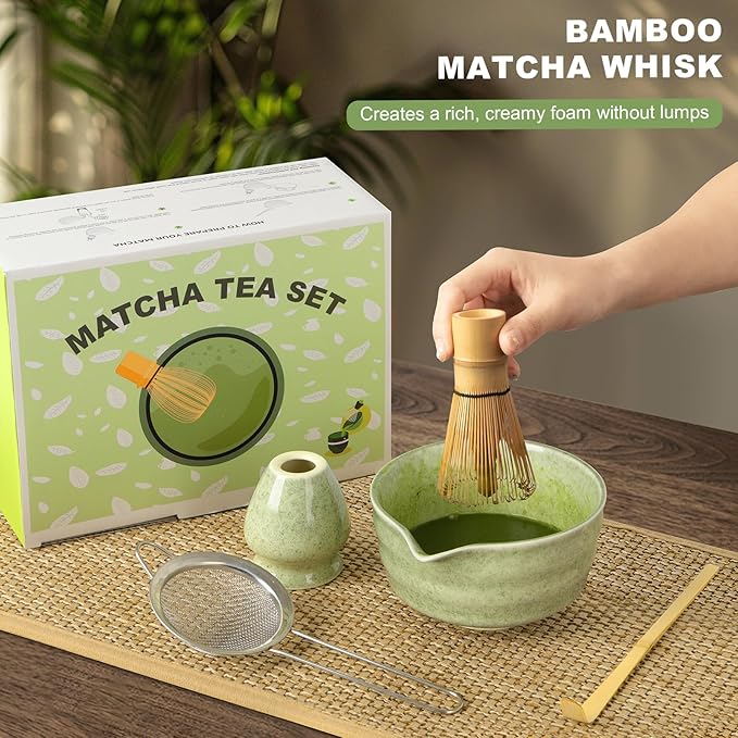 Matcha Set,5 Pcs Matcha Whisk Set Includes Bowl with Spout, Whisk,Holder,Bamboo Scoop and Sifter- Matcha Kit for Making Breakfast/Latte,Gift for Lovers（Green）