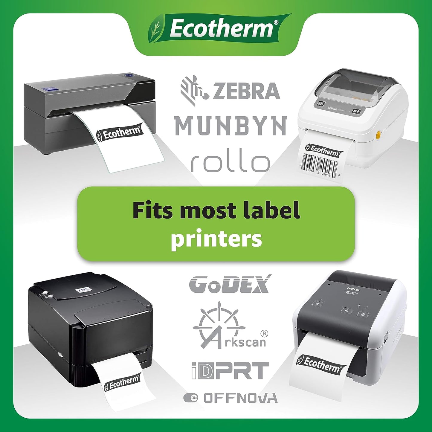 2.25" x 4" Thermal Labels | 4 Rolls | 1440 Labels | fits Zebra, Munbyn, Rollo, Godex, Arkscan, iDPRT, Offnova Thermal Label Printers and More | Blank White Adhesive Stickers by Ecotherm