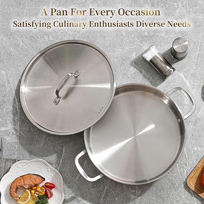 DELARLO Tri-Ply Stainless Steel 5 Quart Braiser Pan with Lid Induction Rondeau Pot With Lid 12inch Deep Frying Pan Large Saute Pan Heavy Duty Style Compatible With All Cooktops Up to 650℉
