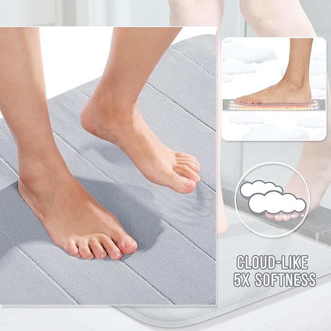 Yimobra Memory Foam Bath Mat, Super Soft Absorbent Bathroom Rug Non Slip 24x17 Inch, Quick Dry, Machine Washable Floor Carpet for Tub Shower, Home Decor Accessories, Silver