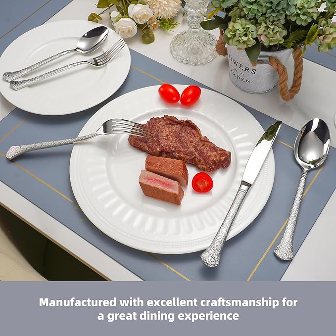 60-Piece Hammered Silverware Set for 12, 18/10 Stainless Steel Flatware Set, Heavy Duty Silverware Set Premium High End, Dishwasher Safe, Ideal for Gift