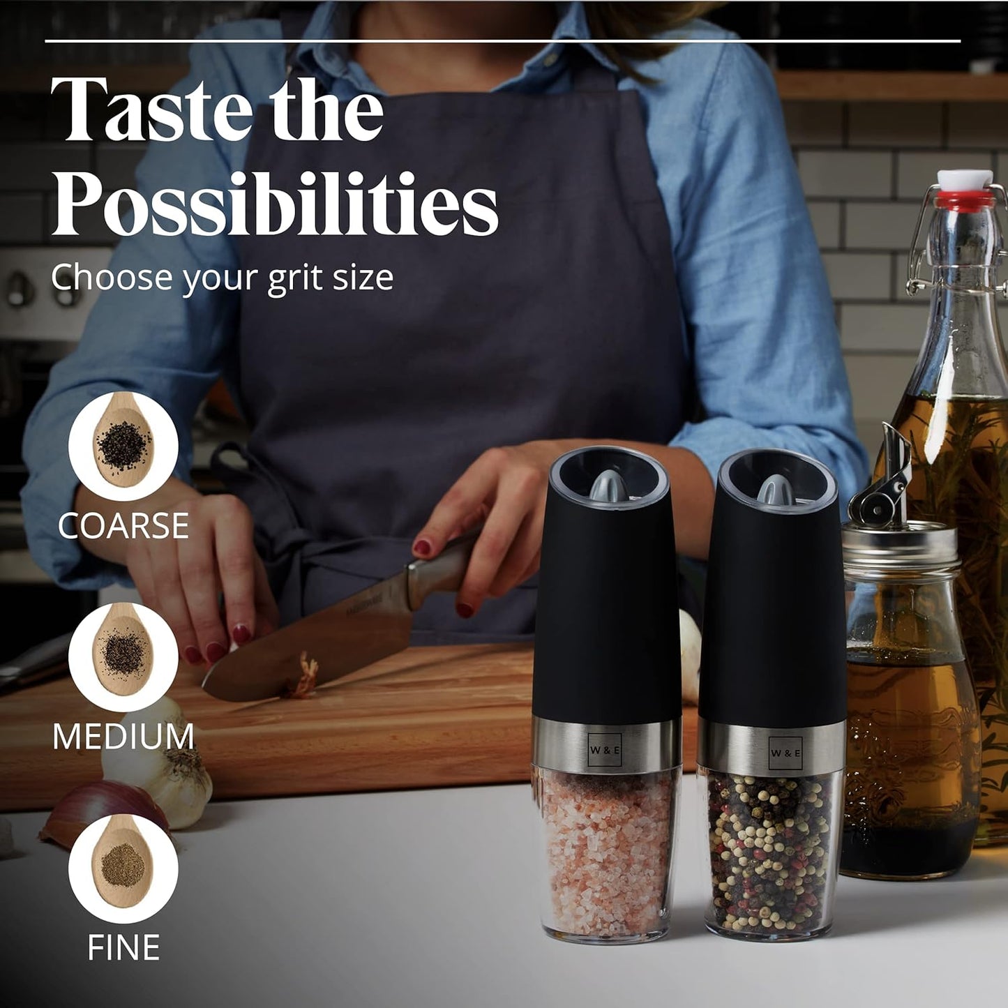 Willow & Everett Electric Salt and Pepper Grinder Set - Battery-Operated, Automatic Salt and Pepper Shakers - Black and Stainless Steel Gravity Electric Salt Grinder & Pepper Mill for Seasoning