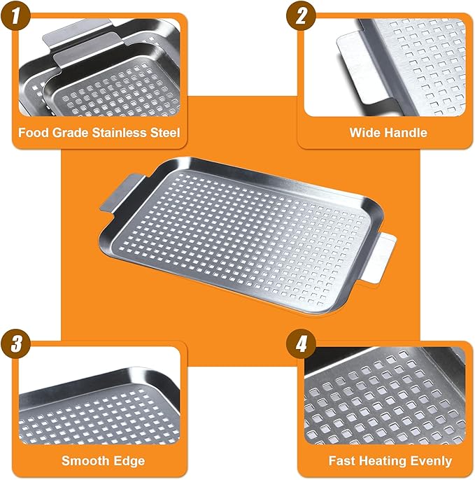 Grill Pan Set of 2, BBQ Grill Topper for Outdoor Grill, Stainless Steel Grilling Baskets with Holes and Handles, Perforated Food Tray Barbecue Accessories for Vegetable, Fish, Large