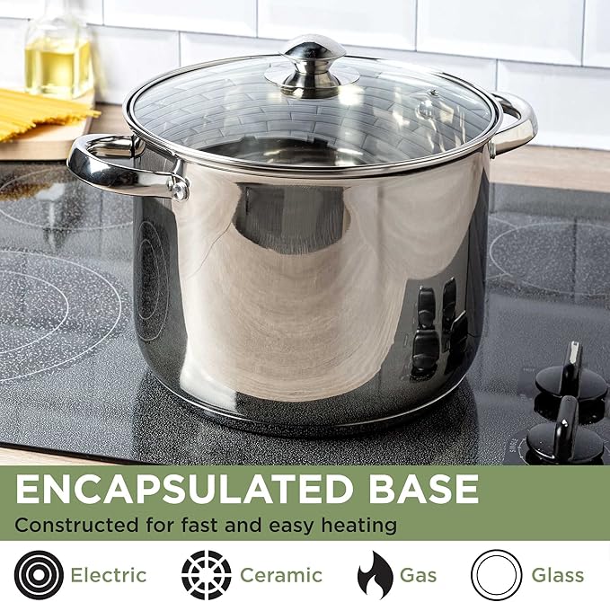 Ecolution Stainless Steel Stock Pot, Encapsulated Induction Ready Cooking Pot with Glass Lid, Oven Safe, Dishwasher Safe Soup Pot, 8-Quart