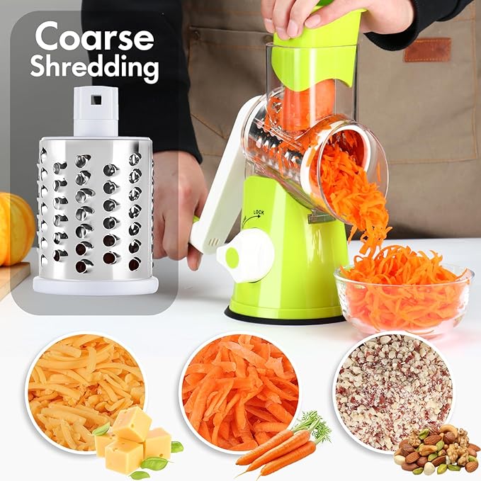 Cheese Grater Hand Crank, Rotary Vegetable Shredder with Handle and Strong Suction base, 3 in 1 Kitchen Speed Spin Veggie Slicer Nut Grinder for Pizza Top, Hash brown, Salad and More (Green)