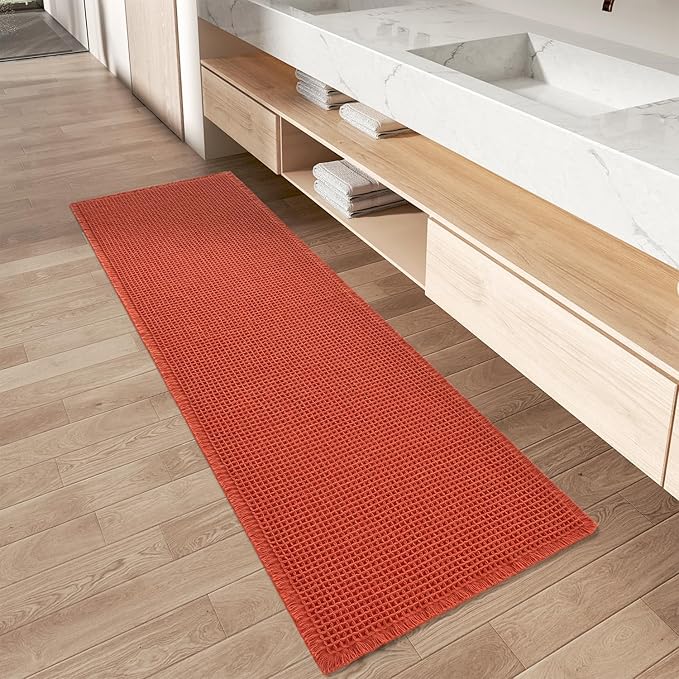 AMOAMI Upgraded Waffle Runner Rug Super Absorbent Non Slip Bath Mats for Bathroom Machine Washable Bathroom Runner Rug with Tassels, Ideal for Hallway Bedroom Laundry Room, 17" x 72", Orange