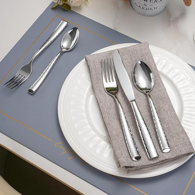 40-Piece Hammered Flatware Set, 18/10 Extra Heavy Weight Flatware for 8, High End Forged Silverware Set, Thick Handle, Dishwasher Safe