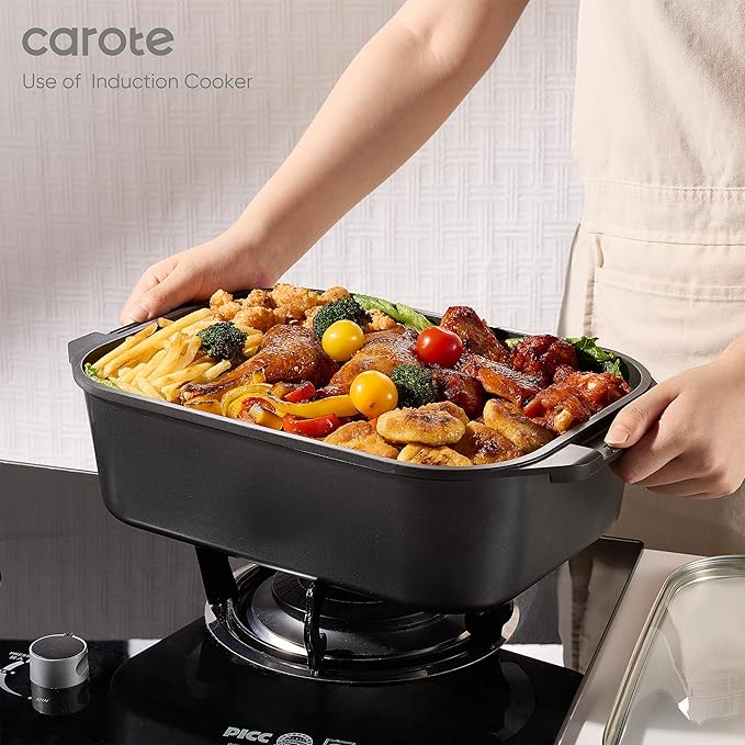 CAROTE 15.9 Inch Roasting Pan with Lid, Rectangular Nonstick Roaster Pan for Ovens, Large Pot Roast Roasting Pan with Lid, Induction & Gas Stove Compatible, PFOA Free