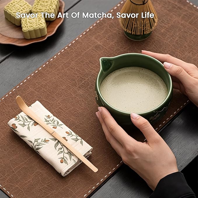 Matcha Whisk Set, Ceremonial Grade Matcha Set, Macha Making Kit with Matcha Bowl with Spout, Chashen Holder, Bamboo Whisk and Scoop, Gift for Matcha Green Tea Lovers