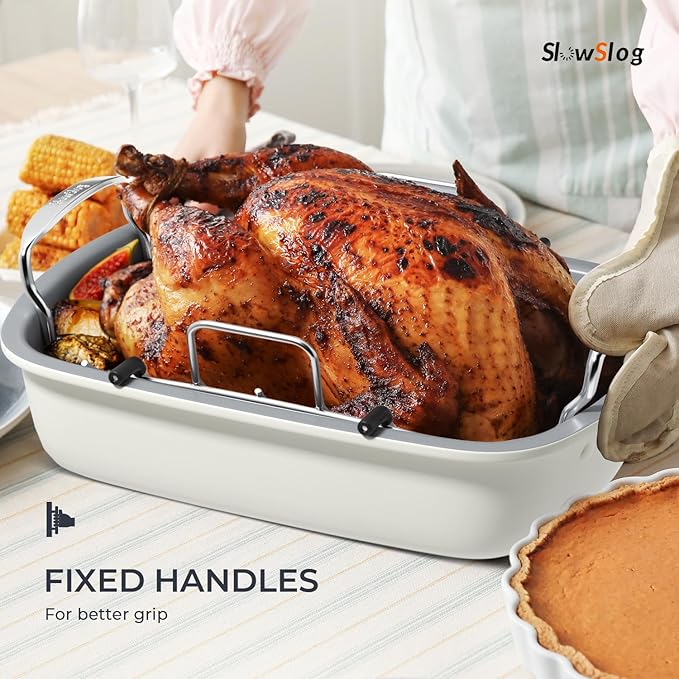 Turkey Roasting Pan, 17x13 Inch Nonstick Roaster Pan with Removable Rack, Turkey Baster, Meat Thermometer, Turkey Brine Bags, Ideal for Roasting Turkey, Meats & Vegetables (Cream&Silver)