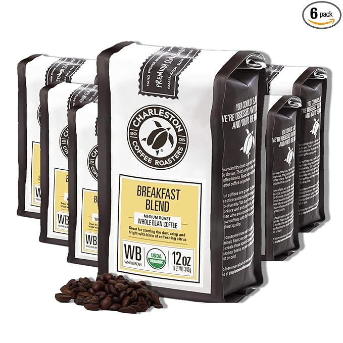 Charleston Coffee Roasters | Specialty Organic Whole Bean Coffee | Hand Picked, Premium Slow Roast | (Breakfast Blend, Medium Roast) 12oz, 6 pack