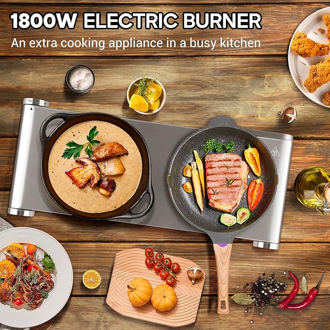 Hot Plate, CUSIMAX Double Burner, Electric Hot Plates for Cooking, 1800watts Portable Countertop Stove, Cast Iron Heating Plates, Used for Camping/Travel Trailers/Dorms, Stainless Steel Cooktop