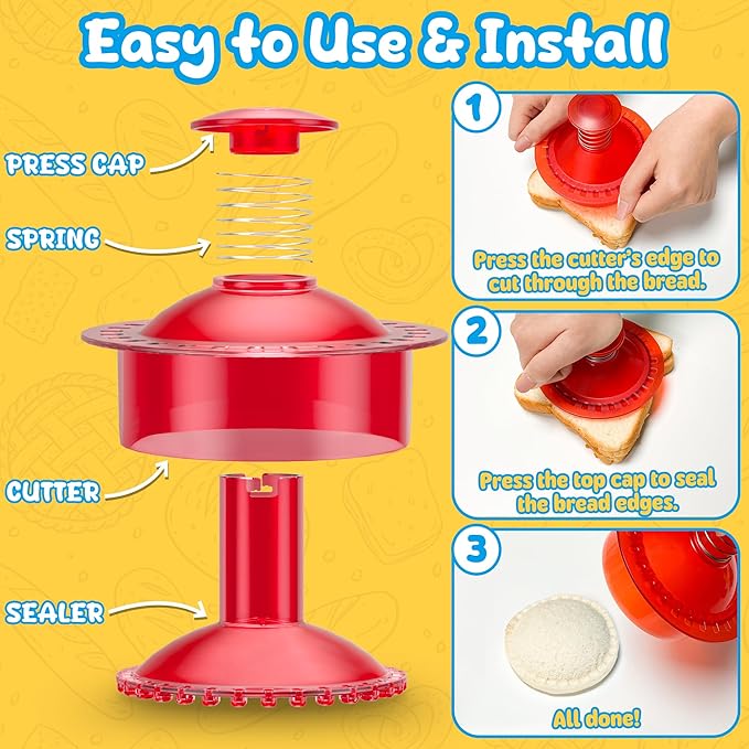 Sandwich Cutter and Sealer Cut and Seal Sandwich Maker, Crustless Peanut Butter & Jelly Sandwich Cookie Cutter (Translucent Red Round)