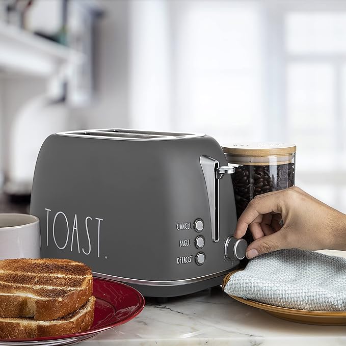 Rae Dunn Retro Rounded Bread Toaster, 2 Slice Stainless Steel Toaster with Removable Crumb Tray, Wide Slot with 6 Browning Levels, Bagel, Defrost and Cancel Options, Grey