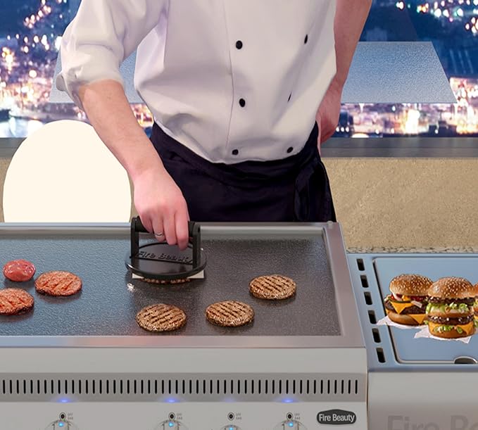 Fire Beauty Burger Press,Cast Iron 6.5" Enamel Surface Grill Press with Wood Handle,Food-Grade Smash Burger Press for Seared Bacon,Steak&Burger