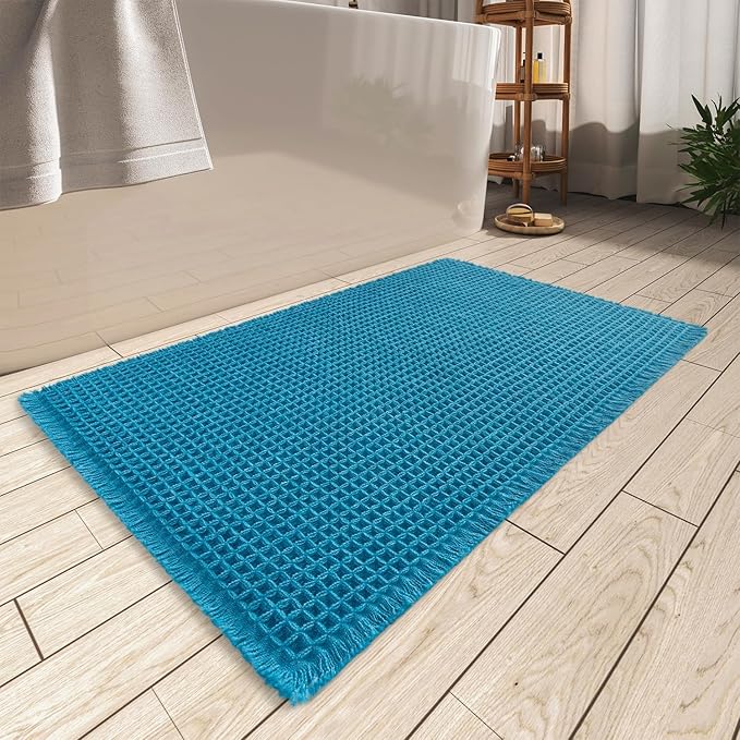 AMOAMI Upgraded Waffle Bath Mat, Super Absorbent Non Slip Bath Mats for Bathroom Floor, Machine Washable Bathroom Rugs with Tassels, Rubber Backed Bathroom Mats, Ultra Soft, 17" x 24", Teal
