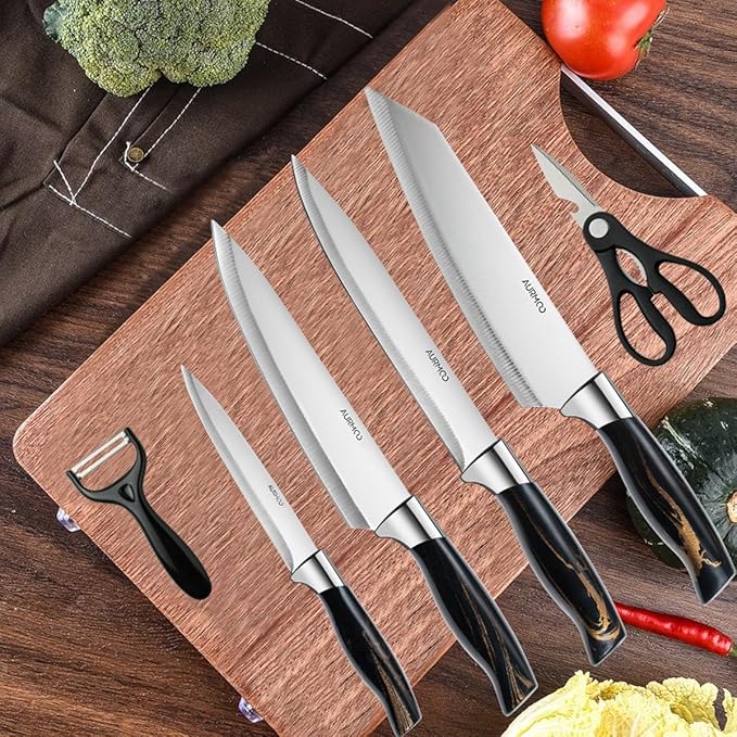 6 Piece Kitchen Knife Set, Stainless Steel Knife Set, Professional Chef Knives Set Sharp Knives for Kitchen, Durable Knives with Ergonomic Plastic Handle