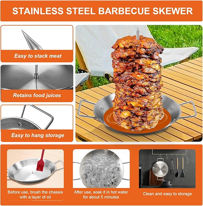 Al Pastor Skewer for Grill, Stainless Steel Vertical Skewer, Brazilian Vertical Spit with 5 Removable Spikes(6"/8”/10"/12”/14")& Brushes, for Tacos Al Pastor, Shawarma Kebabs Smoker Oven BBQ Dishes