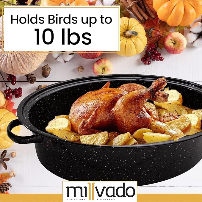 Granite Roasting Pan, 10 lb Capacity Turkey Roasting Pan with Lid, 16" Granite Oven Roaster Oval Shaped Speckled Enamel on Steel Cookware