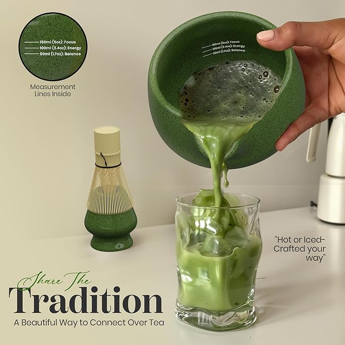 Matcha Whisk Set – Traditional Bamboo Chasen with Ceramic Bowl (Green), Measurement Lines, Spoon, Lid/Coaster - Green