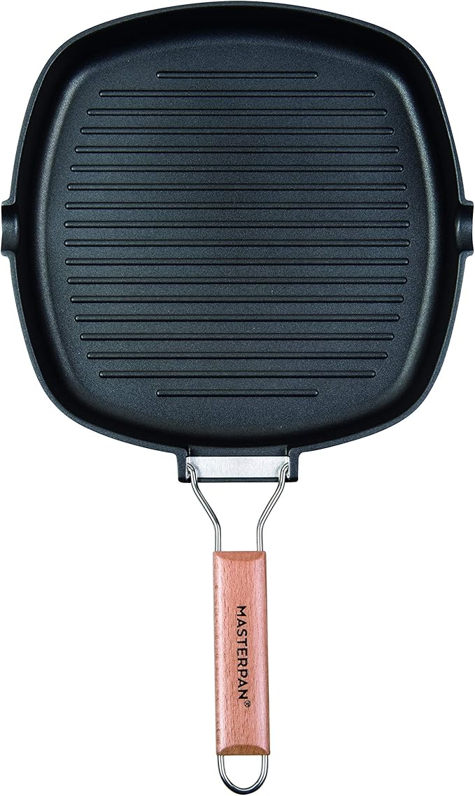MasterPan Non-Stick Grill Pan Wooden, 11", Folding Handles