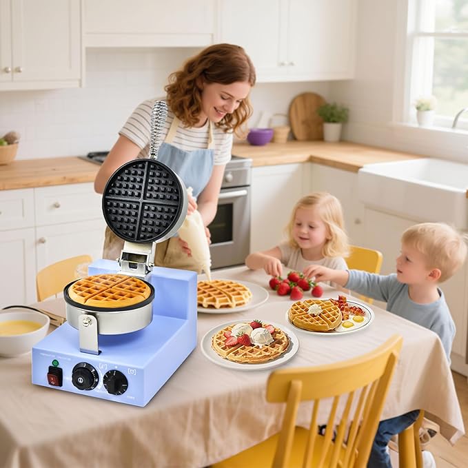 Commercial Waffle Maker, 1200W Round Rotating Waffle Iron Machine with Timer & Temp Control, Nonstick Plates, Heat-Resistant Shockproof Non-Conductive Plastic Body (110V, Sky Blue)