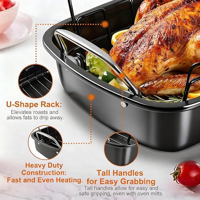 Large Nonstick Roasting Pan with Rack, Turkey Roasting Pan with Wider Handles, Heavy Duty Construction Roaster - 17.2 Inch x 13.5 Inch for Oven