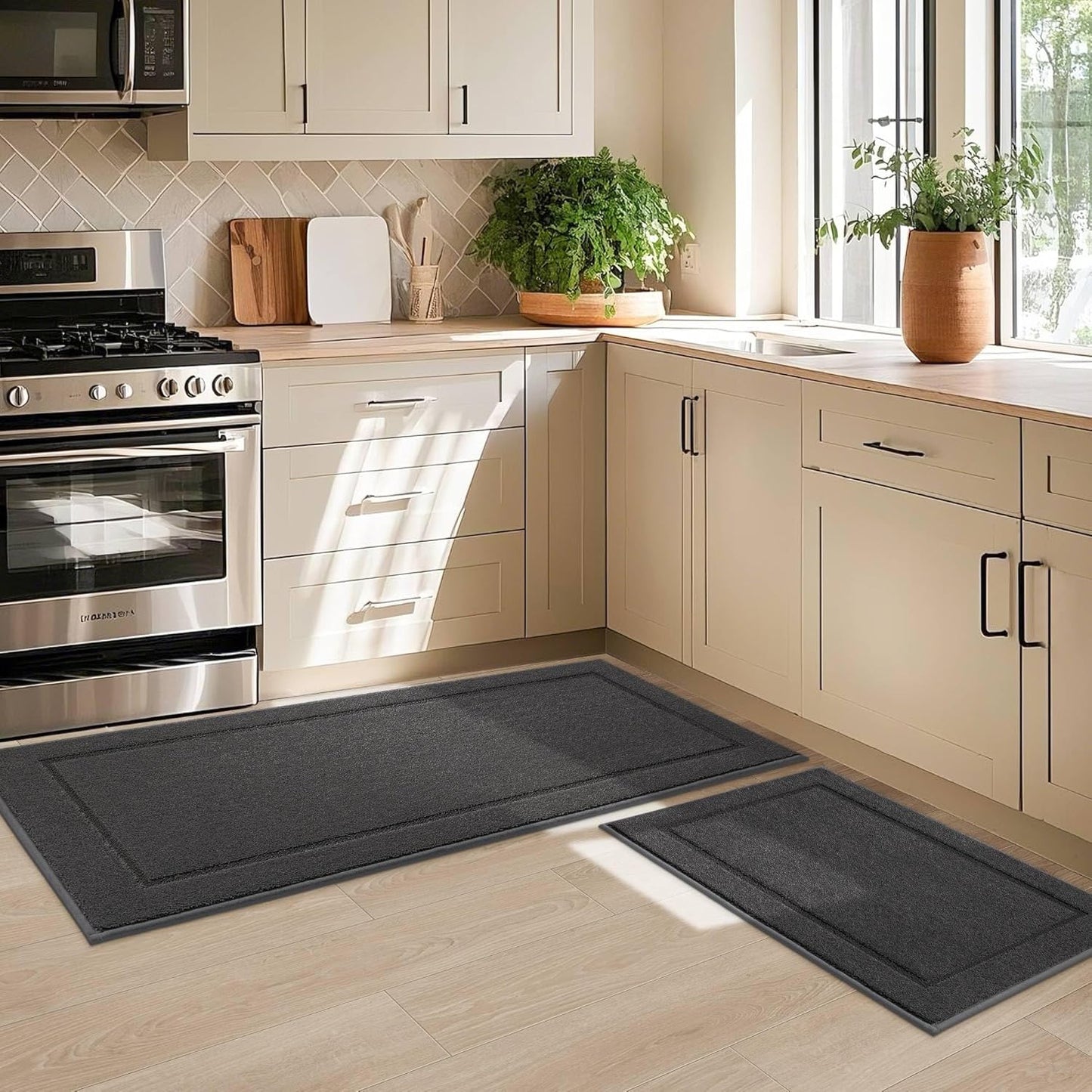 JSEI Non-Slip Kitchen Mats, Self Adhesive No Sliding Kitchen Rugs Set of 2, Washable Absorbent Floor Mat for Kitchen, Bathroom, Laundry Room, Bedroom, 20”x32”+20”x48”, Dark Grey, Rectangular Pattern