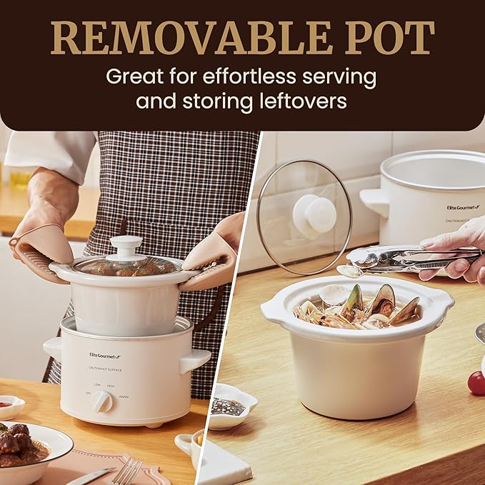 Elite Gourmet MST-250XW# Electric Slow Cooker Ceramic Pot, with Adjustable Temp, Entrees, Sauces, Soups, Roasts, Stews & Dips, Dishwasher Safe (1.5 Quart, White)
