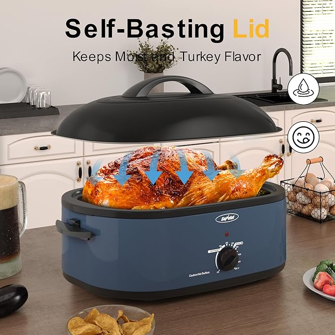 Sunvivi Electric Roaster Oven with Self-Basting Lid, 24lb 20-Quart Turkey Roaster, Unique Defrost/Warm Function, Large Roaster with Removable Pan & Rack, Stainless Steel, Blue