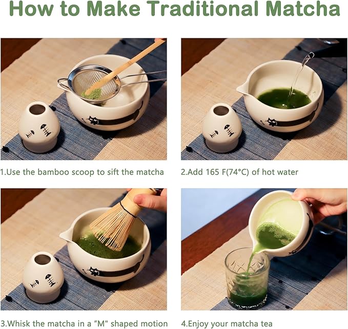 Matcha Whisk Set, Cute Japanese Matcha set Preparation Gift Kit Including Ceramic Bowl and Whisk Holder, Bamboo Scoop, Gift Box