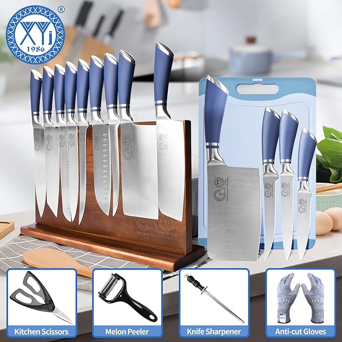 XYJ Knives,Professional Knife Sets for Master Chefs,13pcs Stainless Steel Chef Knife Set with Magnetic Knife Block,Kitchen Tools,Meat Cleaver Butcher for Camping,Kitchen Knife Set