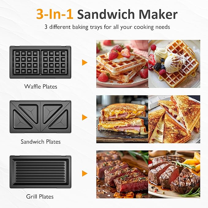 Sunvivi 3 in 1 Sandwich Maker, Electric Waffle Maker with Removable Non-stick Plates, 850W Panini Press Grill with Glass Top, Cool Touch Handle & Easy to Clean