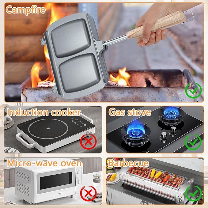 Qivine Breakfast Sandwich Maker, Double-Side Hot Dog Toaster, Nonstick Sandwich Baking Pan Hot Dog Bun Pan, Campfire Sandwich Maker With Removable Handle for Breakfast Pancakes, Toast, Omelets