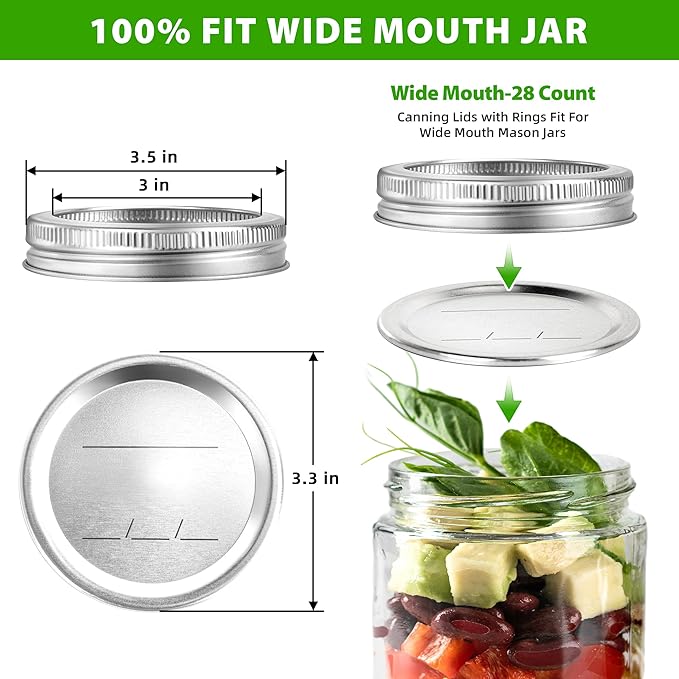 56PCS Canning Lids with Rings For Mason Wide Mouth, Jars Lids With Rings/Bands Mason Jars For Canning Food Fruits DIY Food Grade Material(86mm, 28Lids + 28Rings for Wide Mouth Jar)