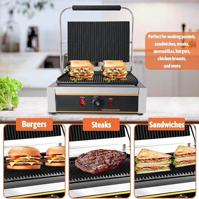 Commercial Panini Press Grill 2200W Countertop Electric Sandwich Maker with Adjustable Temp Control, Grooved Plates Grill, for Burgers Steaks Panini