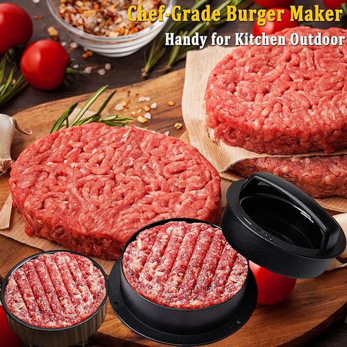 6PCS Burger Press Set for Blackstone - Round Smash Burger Press & Rectangle Cast Iron Grill Press with Wooden Handle, Stainless Steel Griddle Spatula, Hamburger Press and Basting Brush for Barbecue