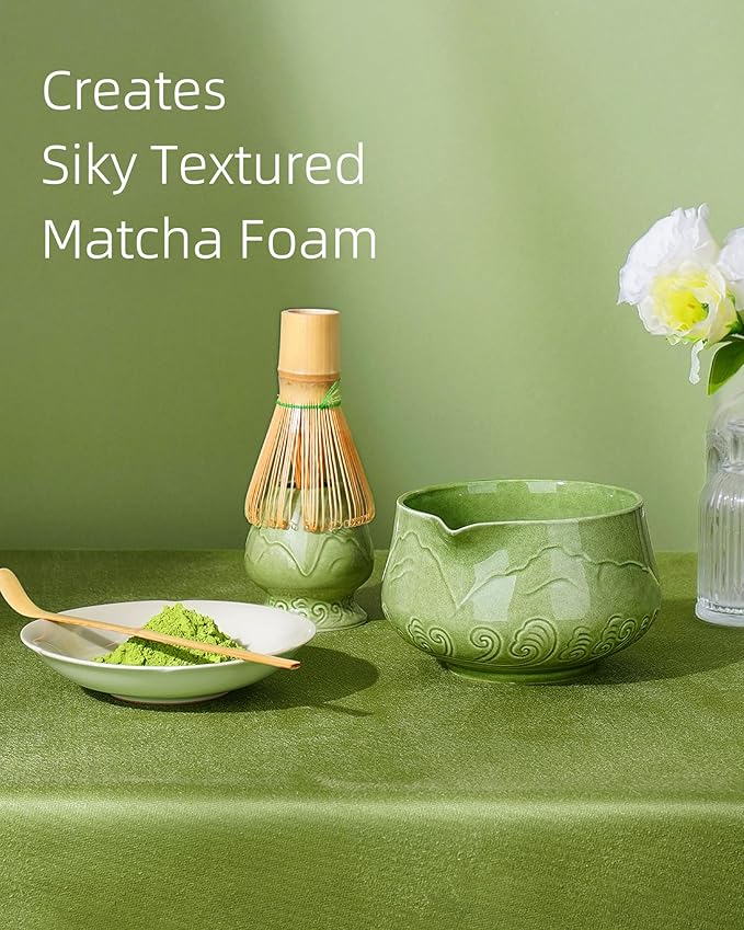 ZENS Matcha Whisk Set, 15oz Ceramic Matcha Bowl with Spout and Bamboo Whisk, (Chasen Holder) Scoop & Tea Towel, 5pcs Matcha Kit for Matcha Ceremony, Emerald Green