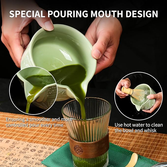 Matcha Whisk Set, 7 PCS Japanese Tea Set Includes Matcha Bowl with Spout, Whisk & Holder, Bamboo Scoop, Stainless Sifter, Towel, Ceramic Matcha Kit Making Tools, Gift for Matcha Lovers, green
