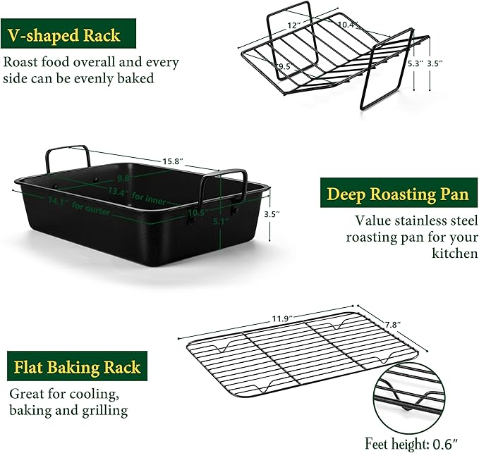E-far Roasting Pan with Racks, Small Stainless Steel Turkey Roaster with V-Shaped & Cooling Rack for Oven, 14 Inch Nonstick Deep Broiler Pan with Handles for Baking Chicken Lasagna Meat, Heavy Duty