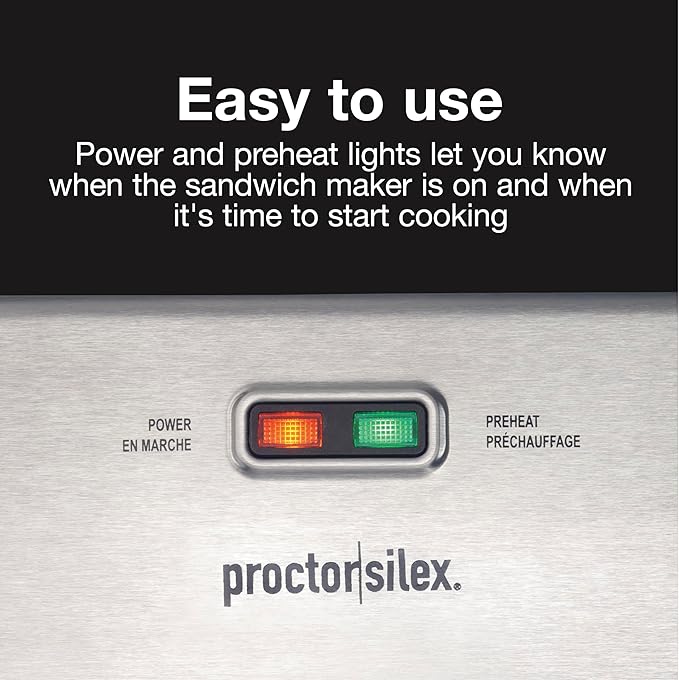 Proctor Silex Deluxe Hot Sandwich Maker With Easy-Clean Durable PFAS-Free Nonstick Ceramic Plates, Fits up to 2 Grilled Cheese, Ruebens, Tortas or Subs, Stainless Steel (25415MN)