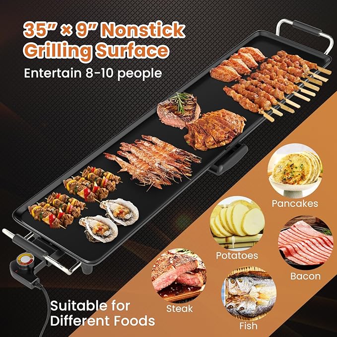 35” Extra Large Electric Griddle, Teppanyaki Grill w/Nonstick Surface, 4 Adjustable Temperature, Insulated Handles & Drip Tray, Indoor & Outdoor Tabletop Griddle for Party, Camping (35”)
