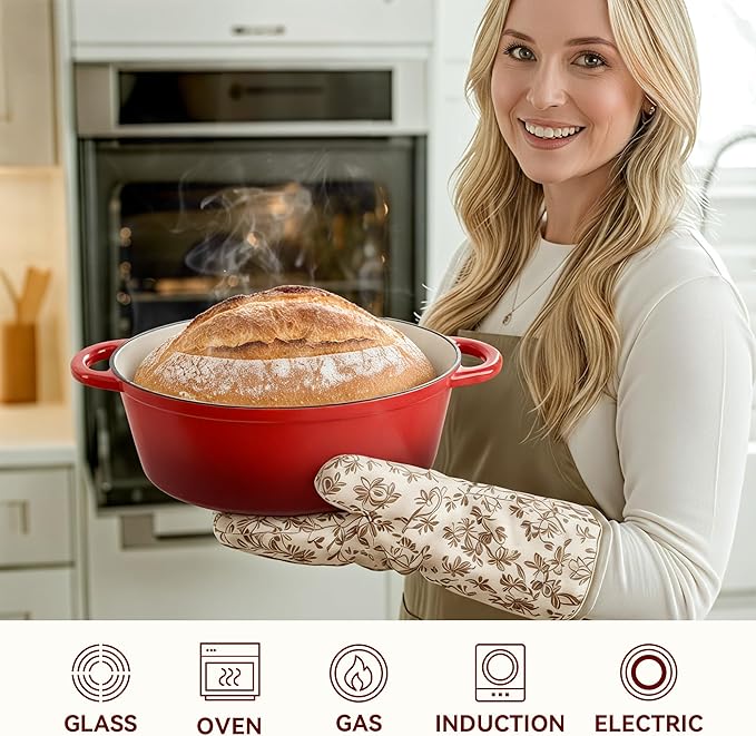 Oval Dutch Oven for Bread Baking, 4.5 Quart Non Stick Enameled Cast Iron Dutch Oven Pot with Lid, Oven Safe Oval Casserole with Lid up to 500°F for Baking, Braising, Stews, Roasting (Red)
