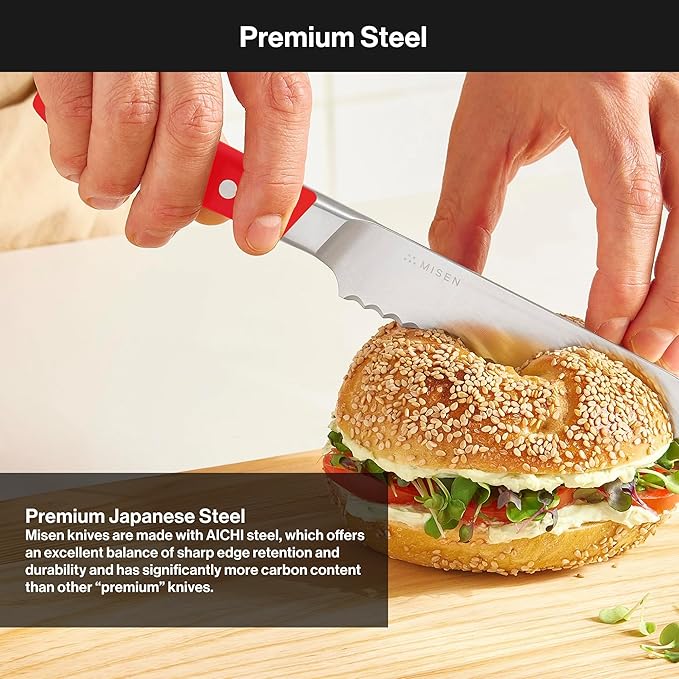 Misen Serrated Bread Knife – High-Carbon Japanese AUS8 Steel – Effortless Slicing of Bread, Pastries, and Fruits – Razor-Sharp Edge and Durable Blade with Ergonomic Handle - 5", Red