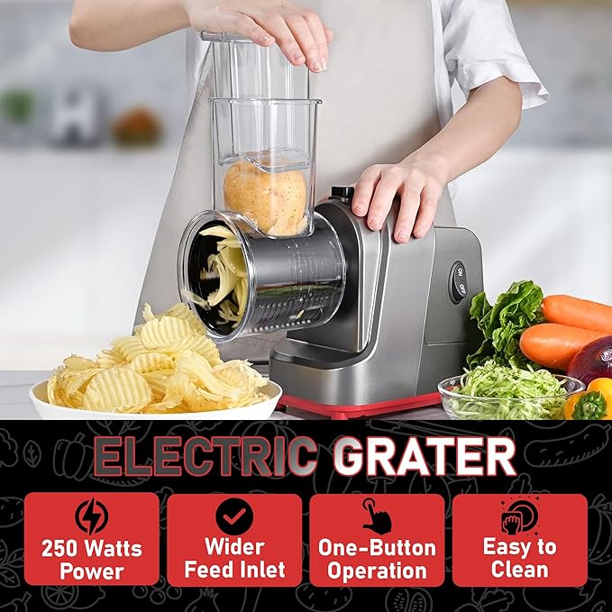 Electric Cheese Grater, 250W Salad Maker with 5 Stainless Steel Blades, Slicer Shredder for Cheeses, Vegetables & Fruits, One-Touch Operation, Easy to Clean, Cheese Shredder Machine