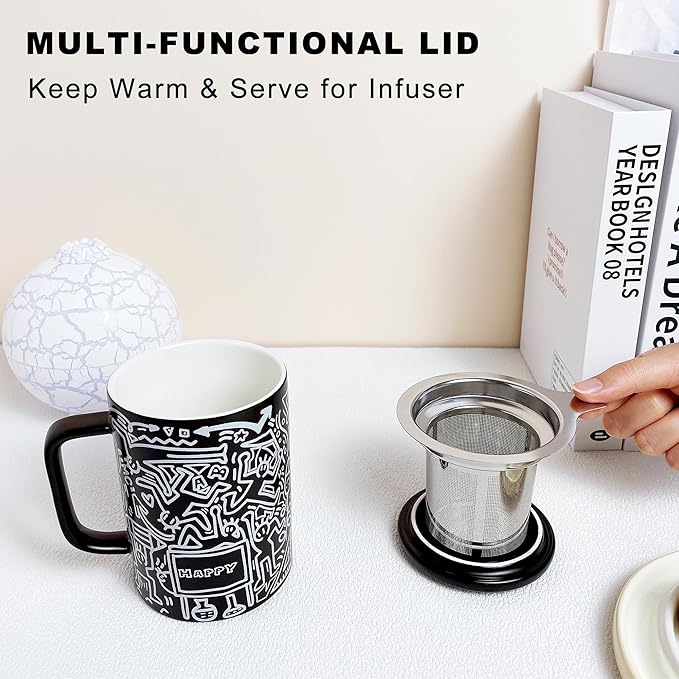 Loose Leaf Tea Cup, Doodle Style Tea Mugs with Infuser and Lid, 14oz Porcelain Steeper Cup, Brewing Teacup with Infuser and Lid, Microwave & Dishwasher Safe, Happy Black