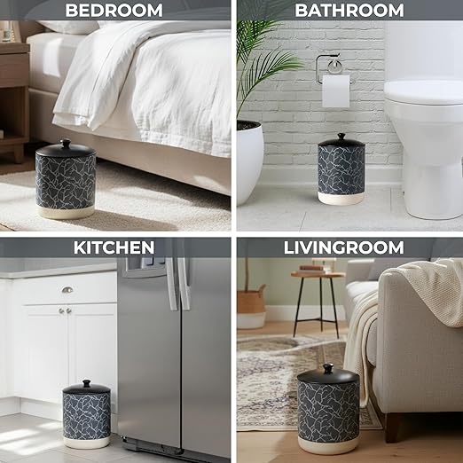 Escenzy Black Textured Bathroom Trash Can with Lid 5L | 7" x 10" | High End Small Garbage Can | Luxury Ceramic Waste Basket for Bathroom, Bedroom, Kitchen, Hotels or Living Room Decor | Ideal Gift