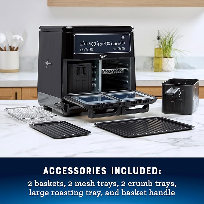 Oster 11-Quart Dual Air Fryer Oven with 2 Cooking Zones, Large Capacity Air Fryer with 6 Cooking Functions & 2 Baskets